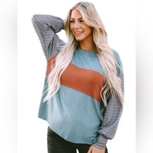 NEW Teal Green & Rust Orange Colorblock Crewneck Pullover Striped Bishop Sleeves